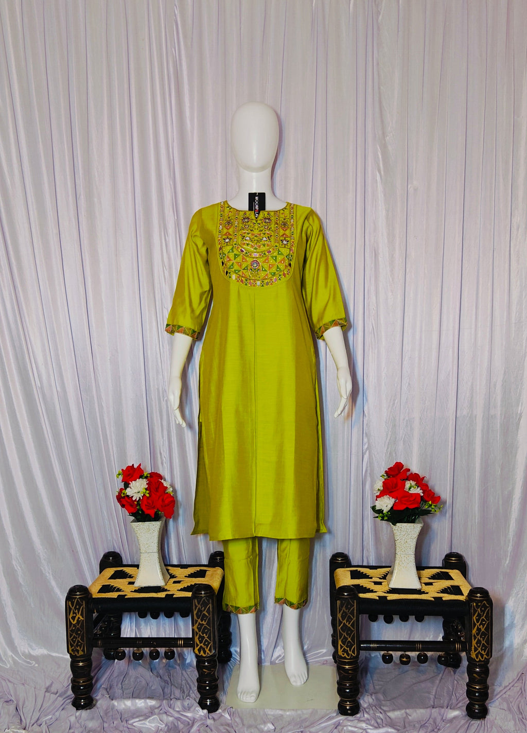 Moonpalav Lime Green Embroidered Silk Kurti Set – Festive Wear 3-Piece