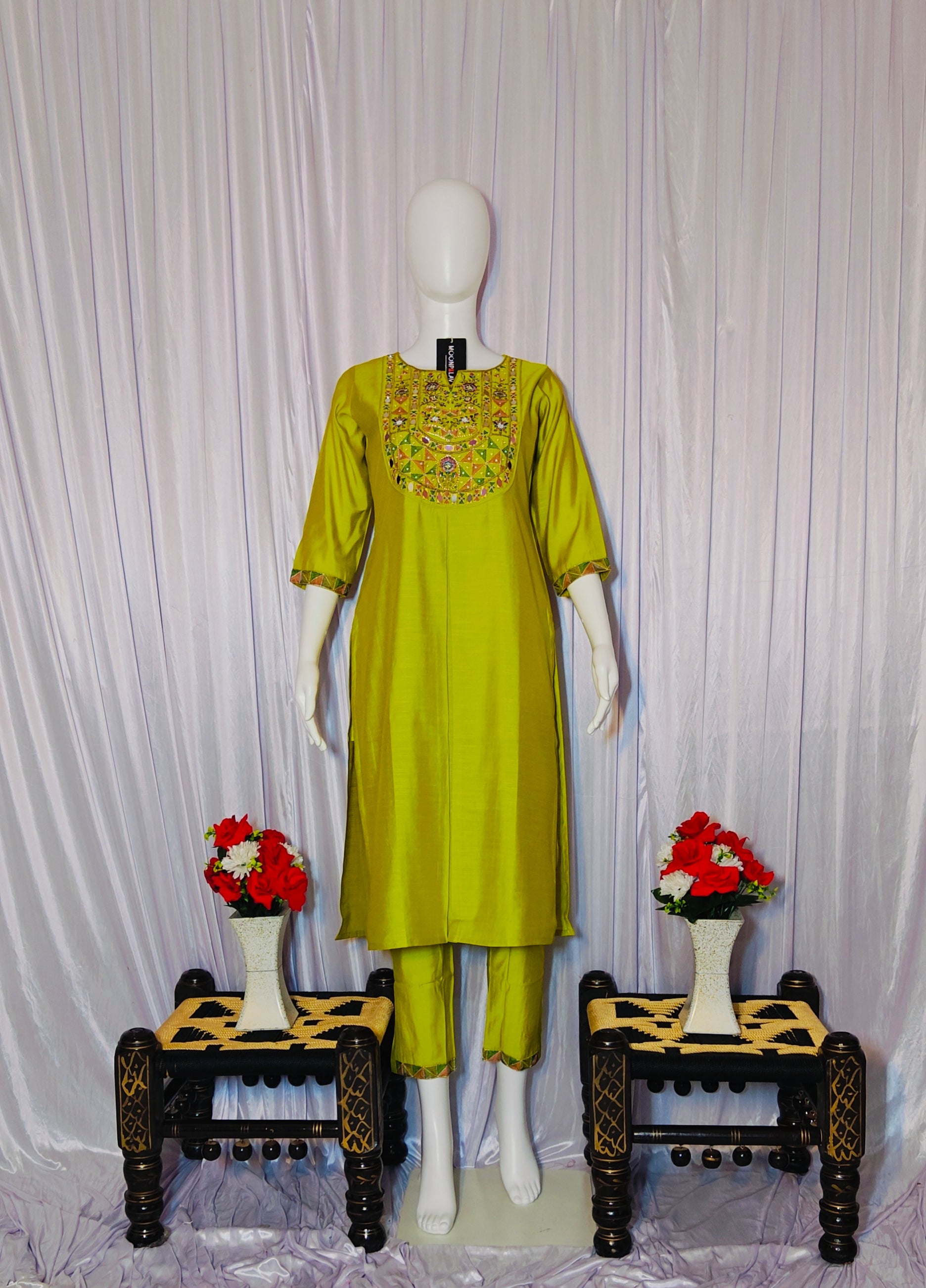 Moonpalav Lime Green Embroidered Silk Kurti Set – Festive Wear 3-Piece