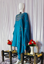 Moonpalav Teal Blue Mango Silk Mirror Work Kurti Set with Chanderi Dupatta