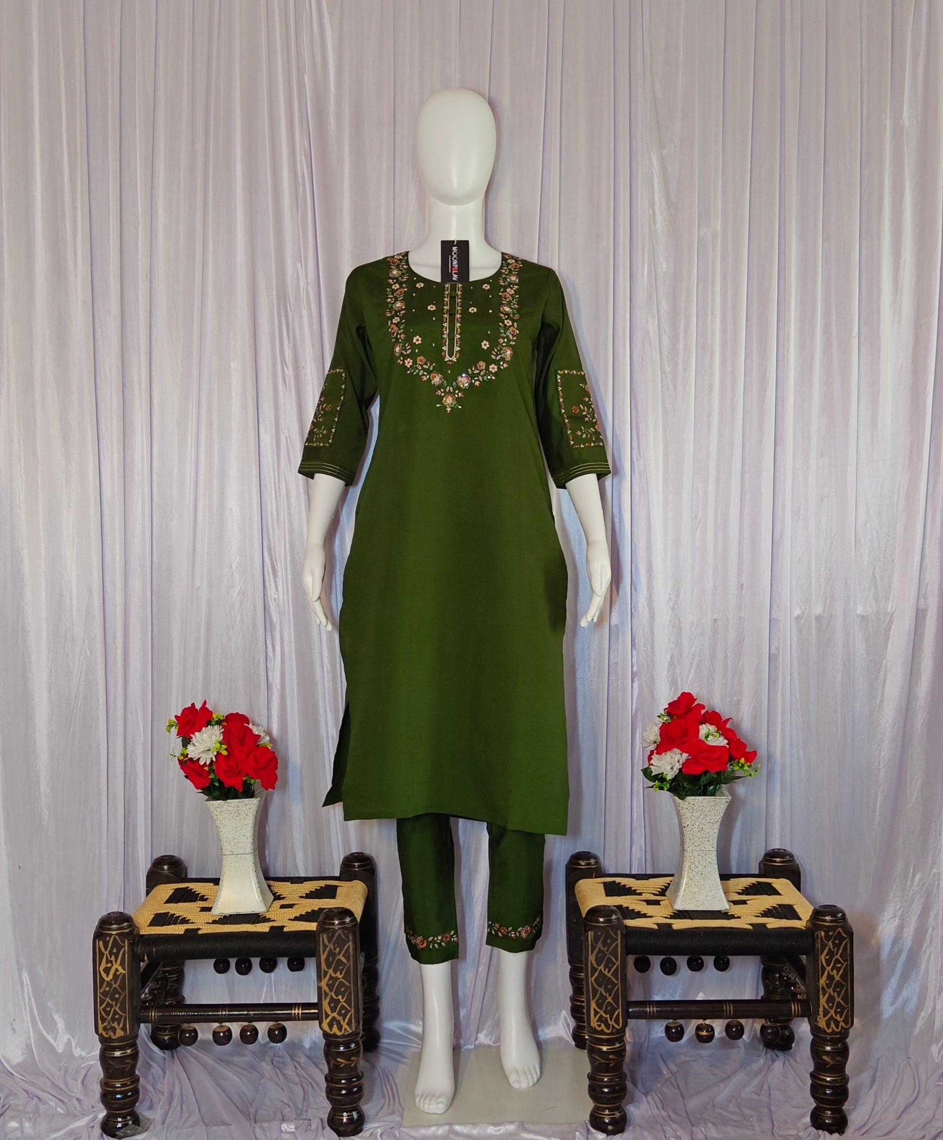 Green Marina Silk Embroidered Suit with Designer Maslin Dupatta