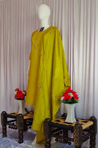 Mustard Marina Silk Handwork Kurti Pant Set with Maslin Dupatta