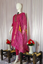 Moonpalav Magenta Roman Silk Handwork Kurti Set with Floral Digital Dupatta