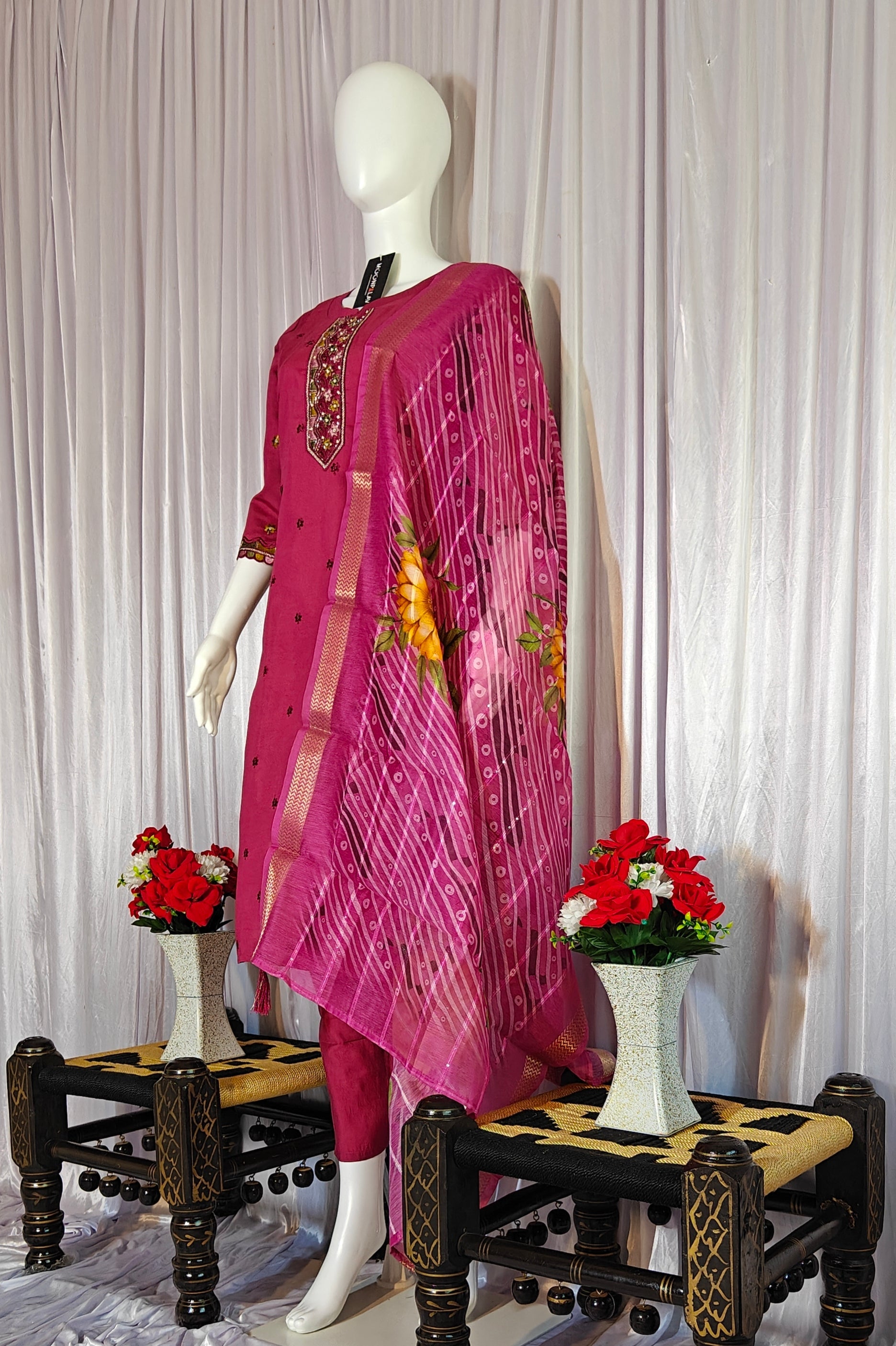 Moonpalav Magenta Roman Silk Handwork Kurti Set with Floral Digital Dupatta