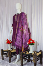 Moonpalav Wine Roman Silk Hand Embroidered Kurti Set with Digital Print Dupatta