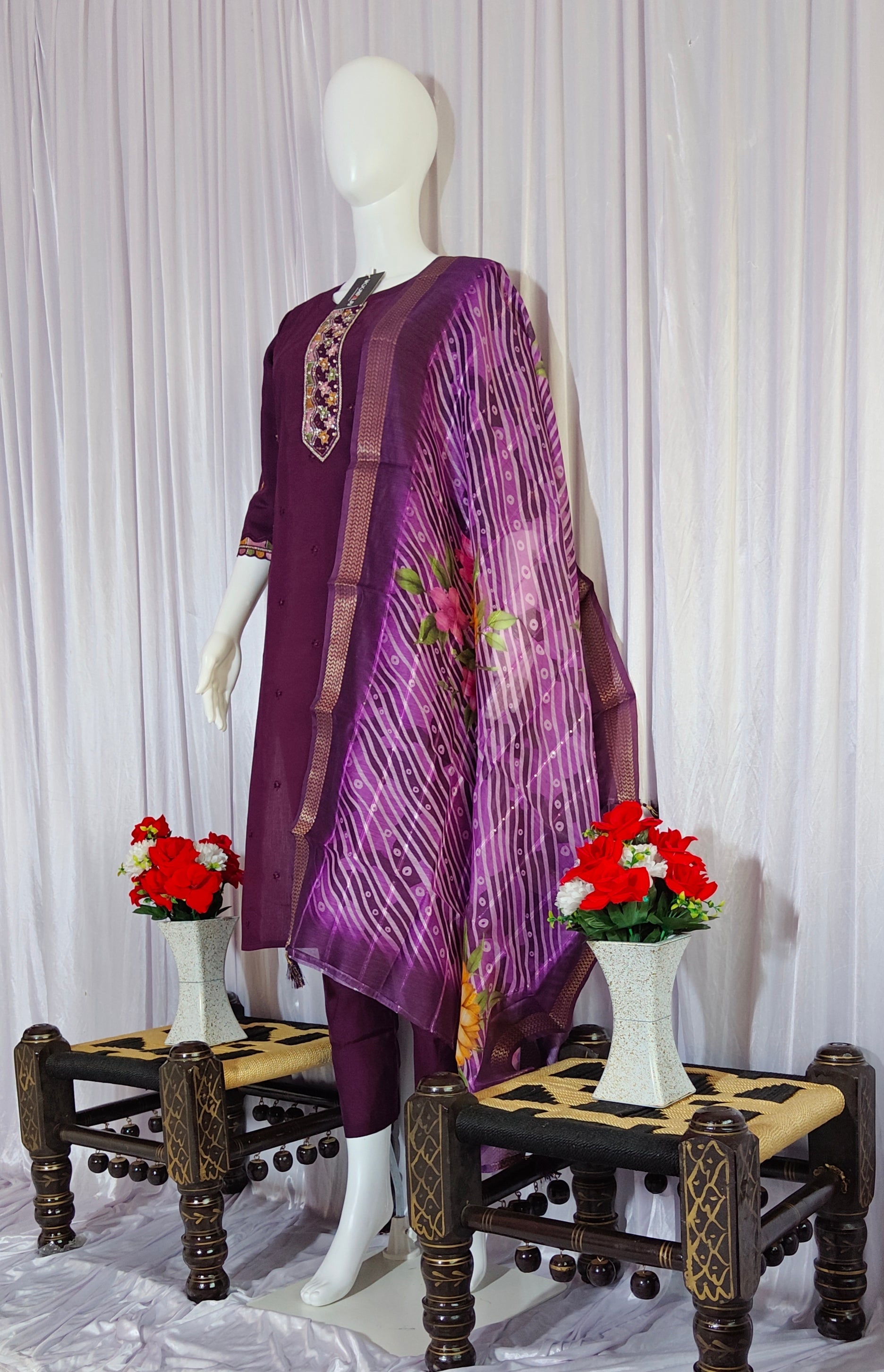 Moonpalav Wine Roman Silk Hand Embroidered Kurti Set with Digital Print Dupatta