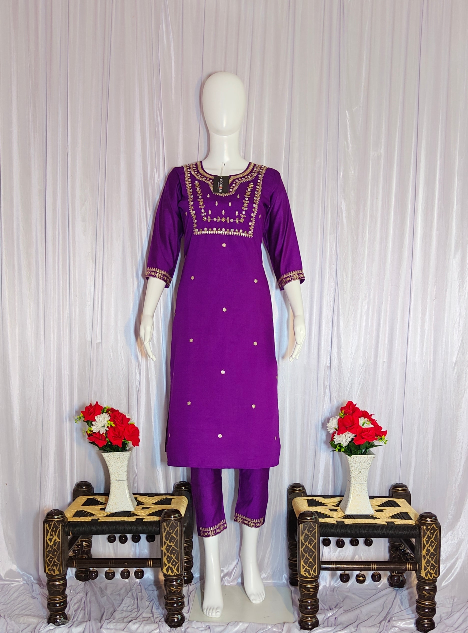 Moonpalav Royal Purple Viscose Silk Kurti Set with Jacquard Dupatta