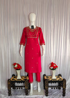 Moonpalav Rani Pink Viscose Silk Hand-Embroidered Suit Set