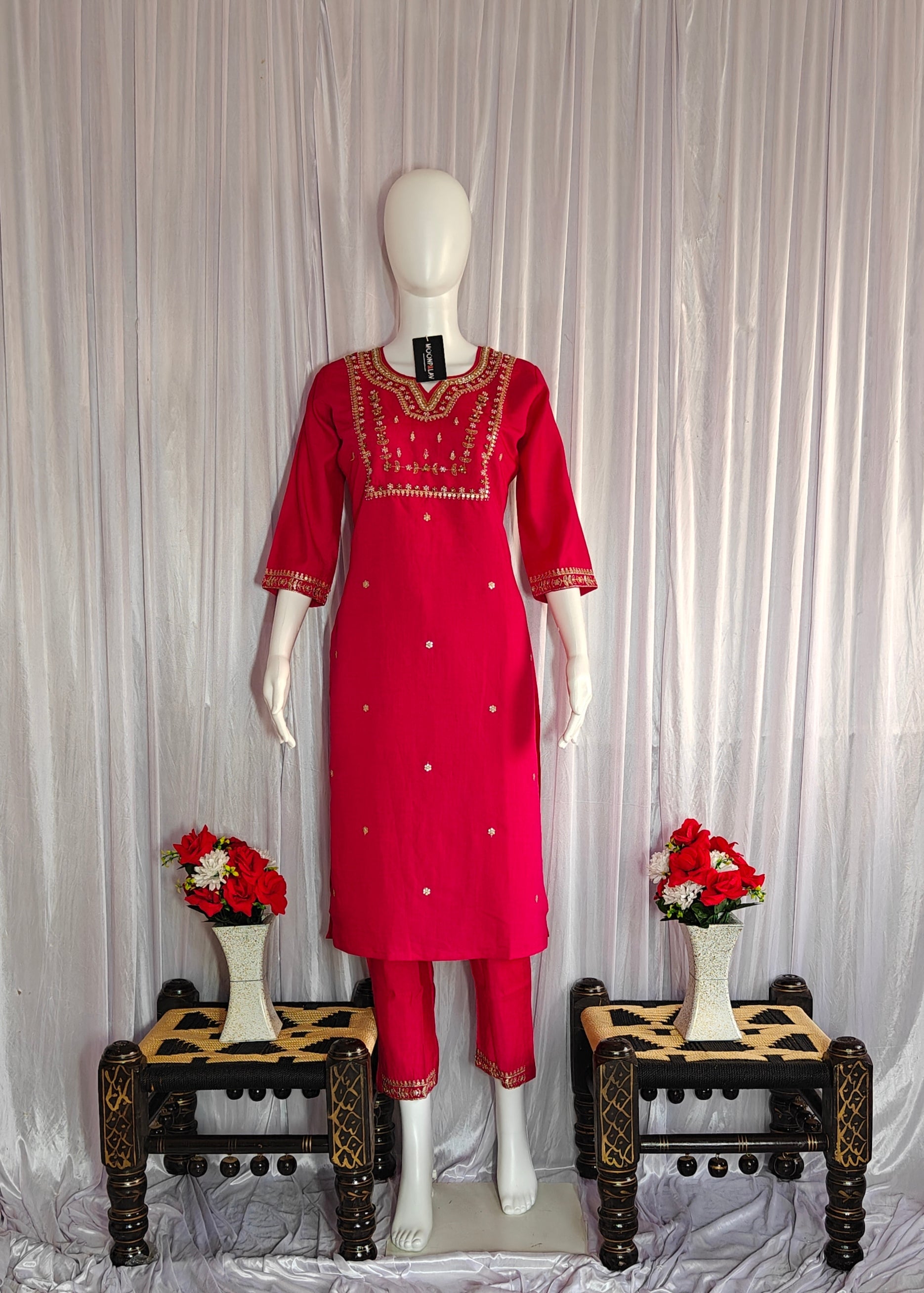 Moonpalav Rani Pink Viscose Silk Hand-Embroidered Suit Set