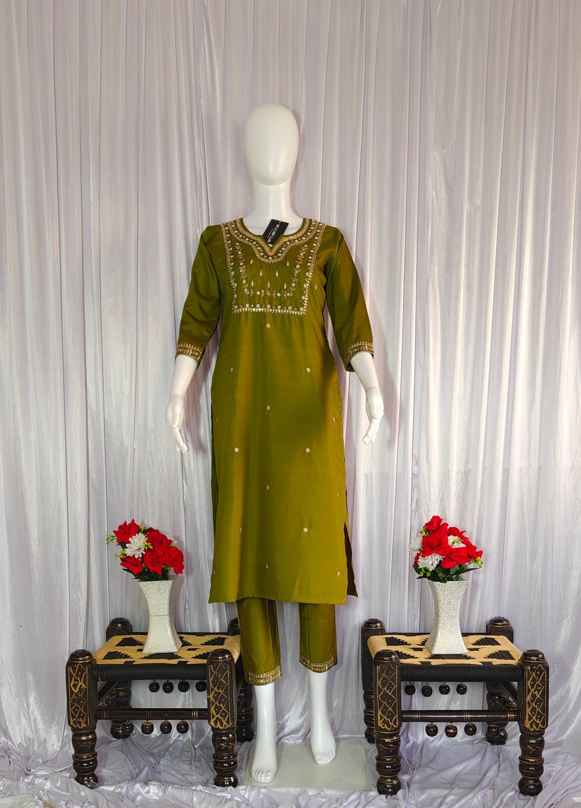 Moonpalav Olive Green Silk Embroidery Kurti Pant Set with Muslin Dupatta