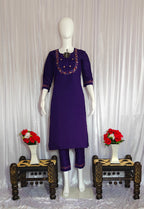 Moonpalav Deep Purple Marina Silk Embroidered Suit with Digital Print Dupatta