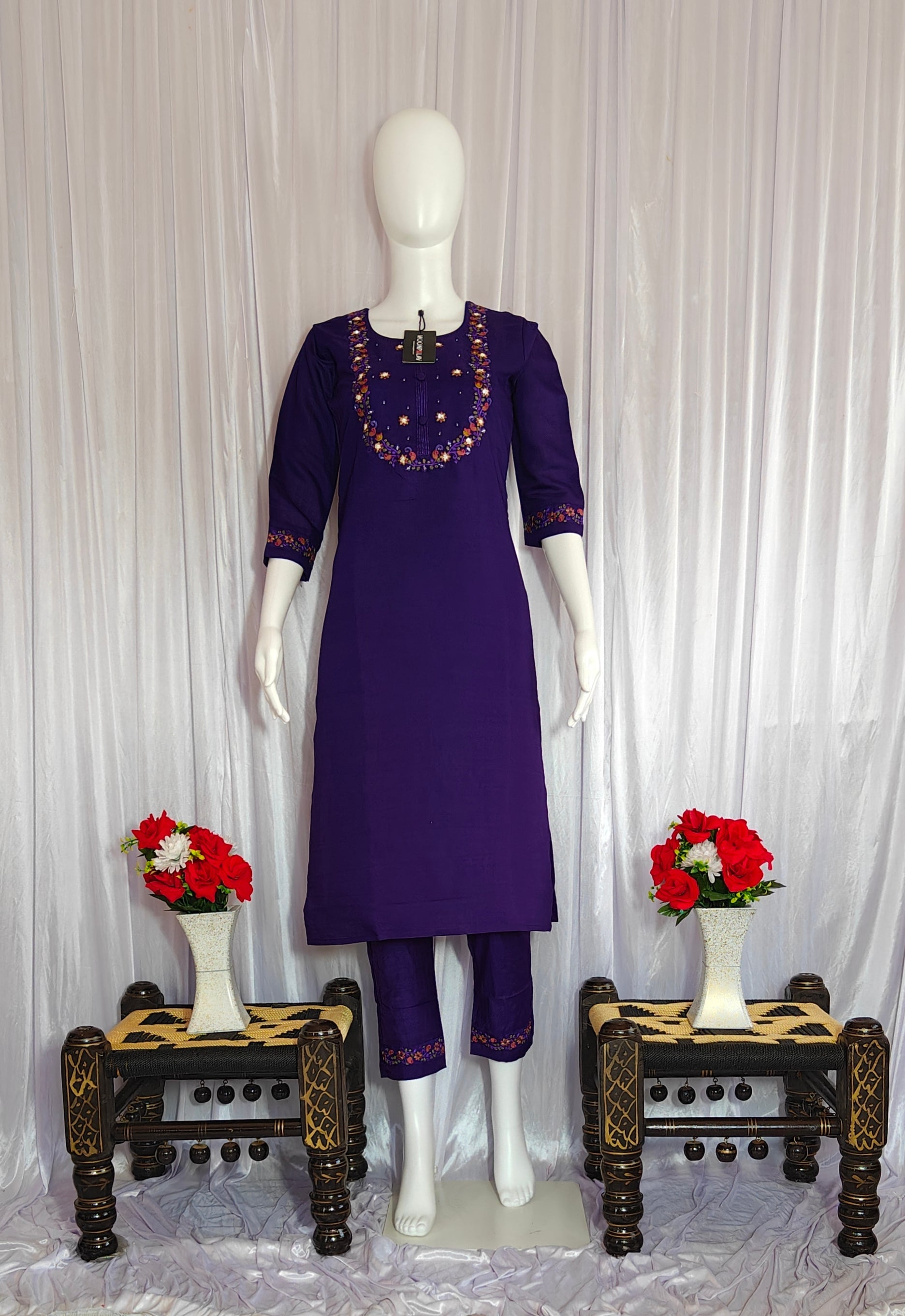 Moonpalav Deep Purple Marina Silk Embroidered Suit with Digital Print Dupatta