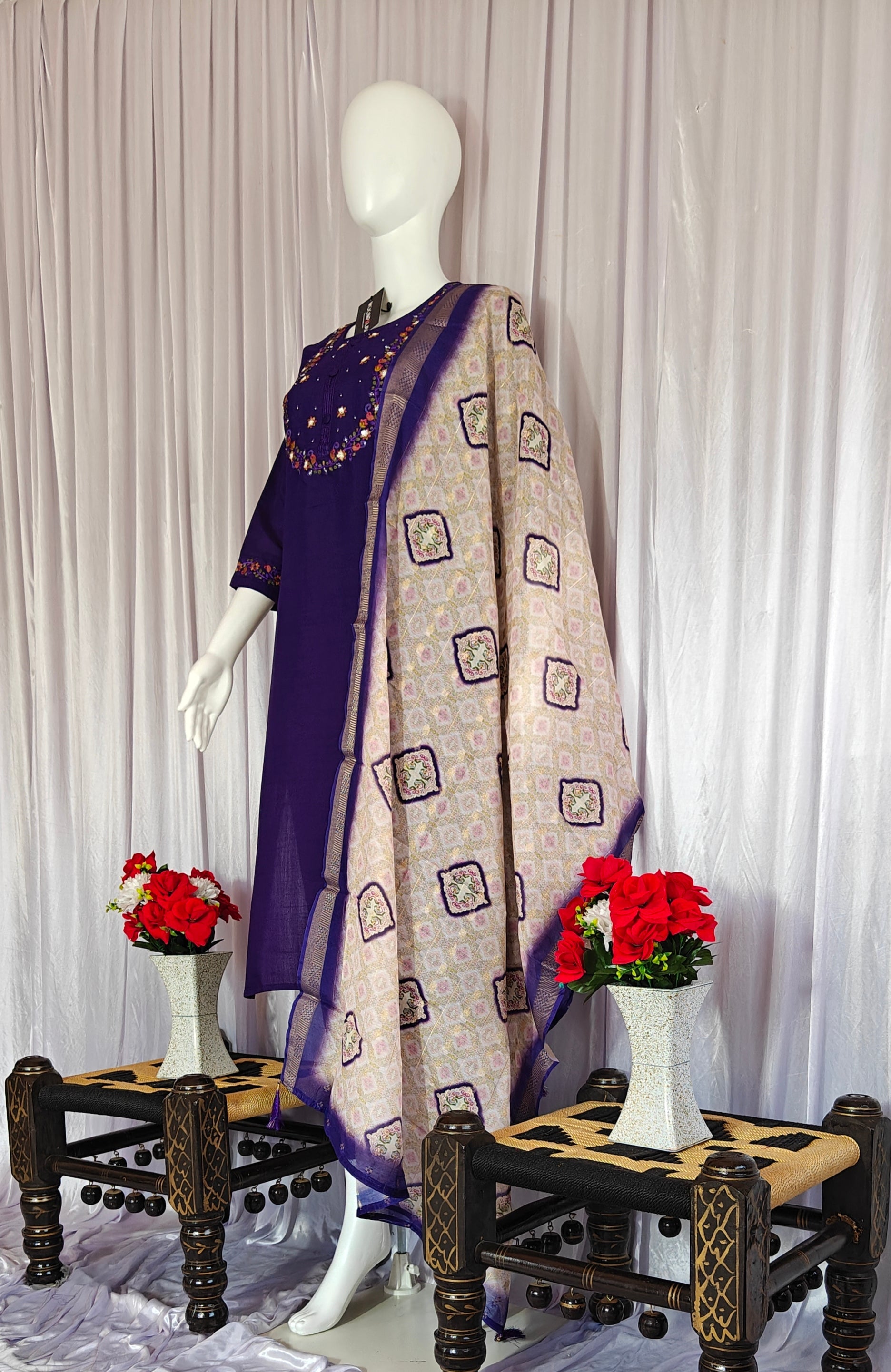Moonpalav Deep Purple Marina Silk Embroidered Suit with Digital Print Dupatta