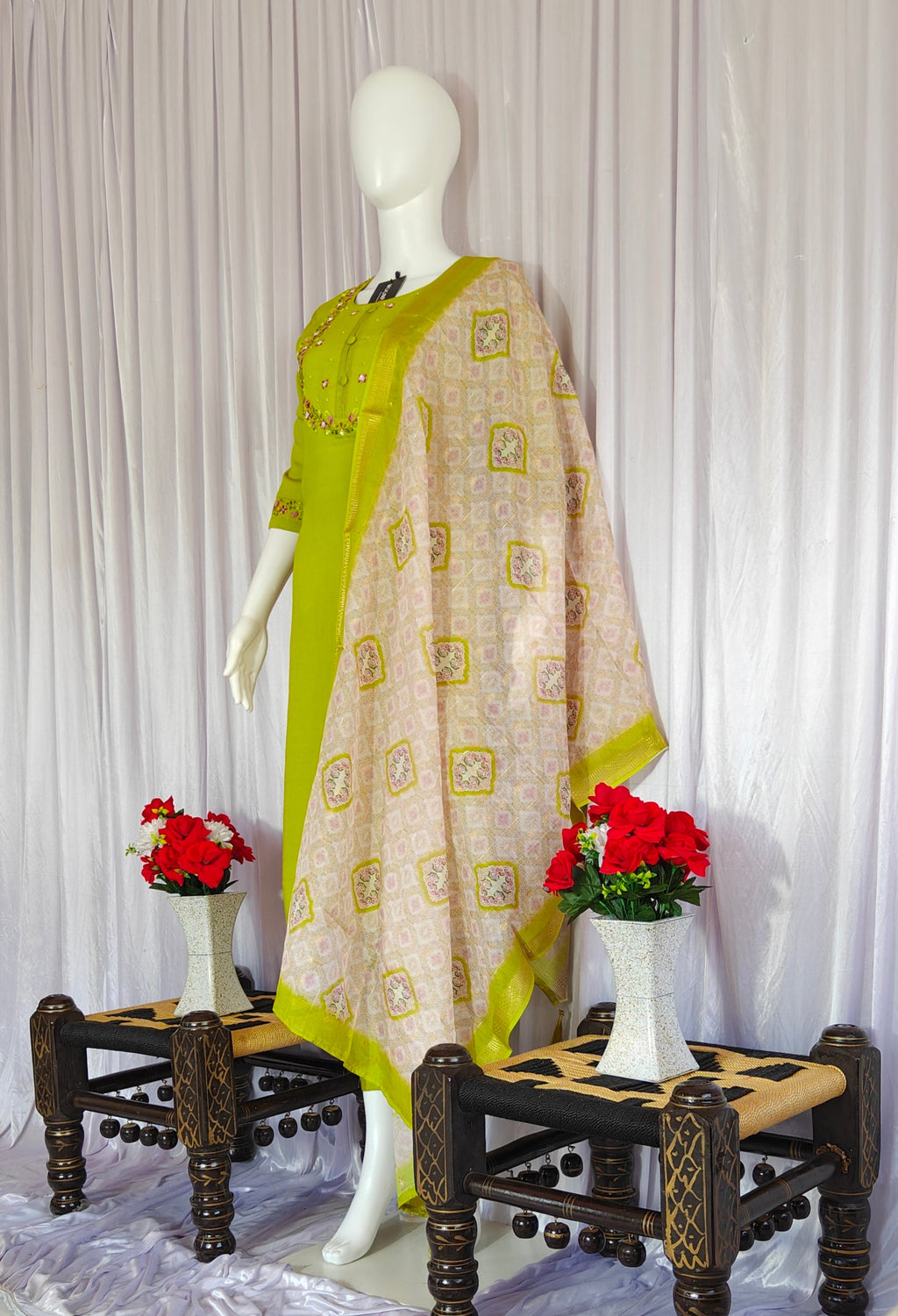 Moonpalav Olive Green Marina Silk Kurti Set with Digital Print Dupatta