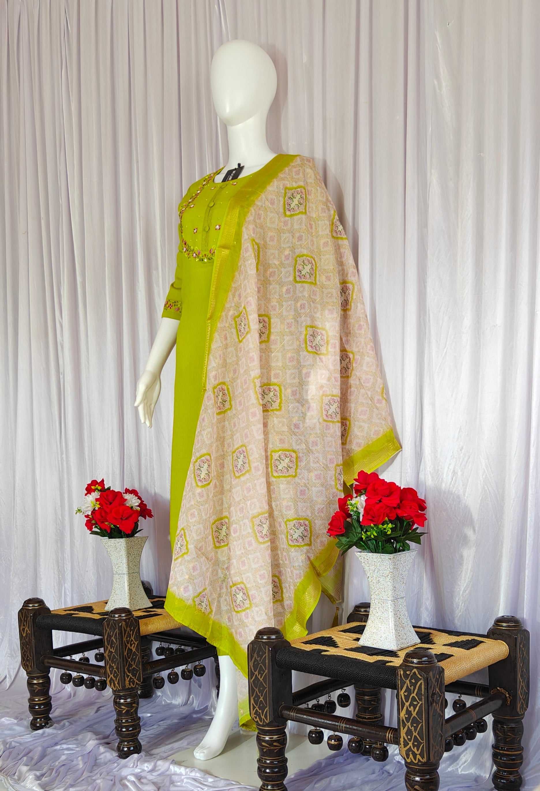 Moonpalav Olive Green Marina Silk Kurti Set with Digital Print Dupatta