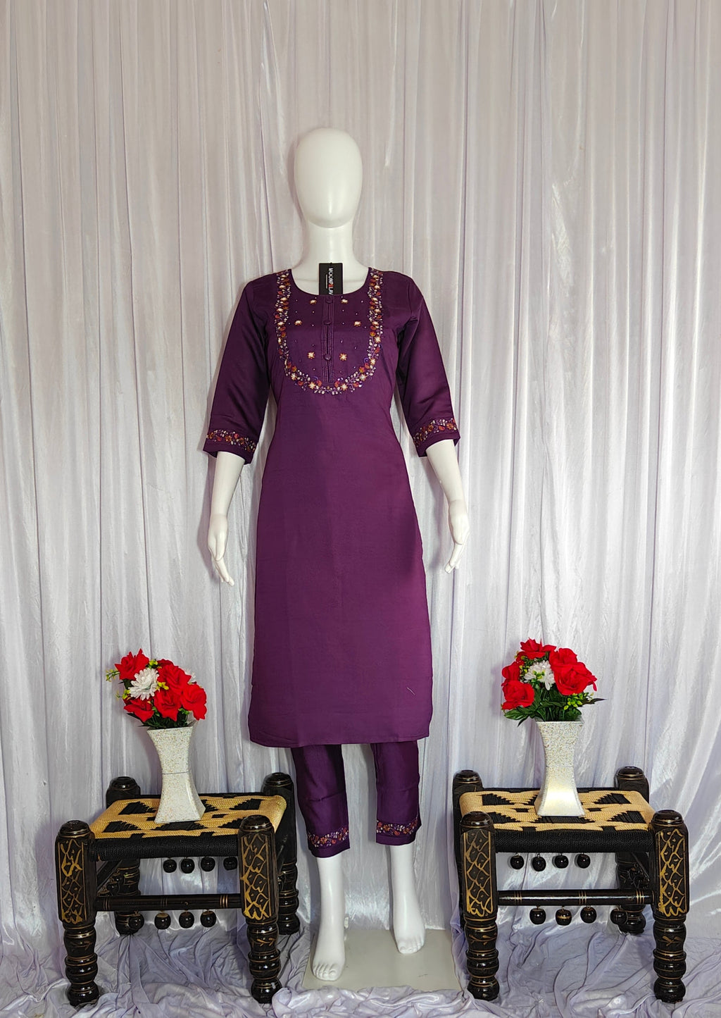 Moonpalav Royal Wine Marina Silk Embroidered Suit with Digital Print Dupatta