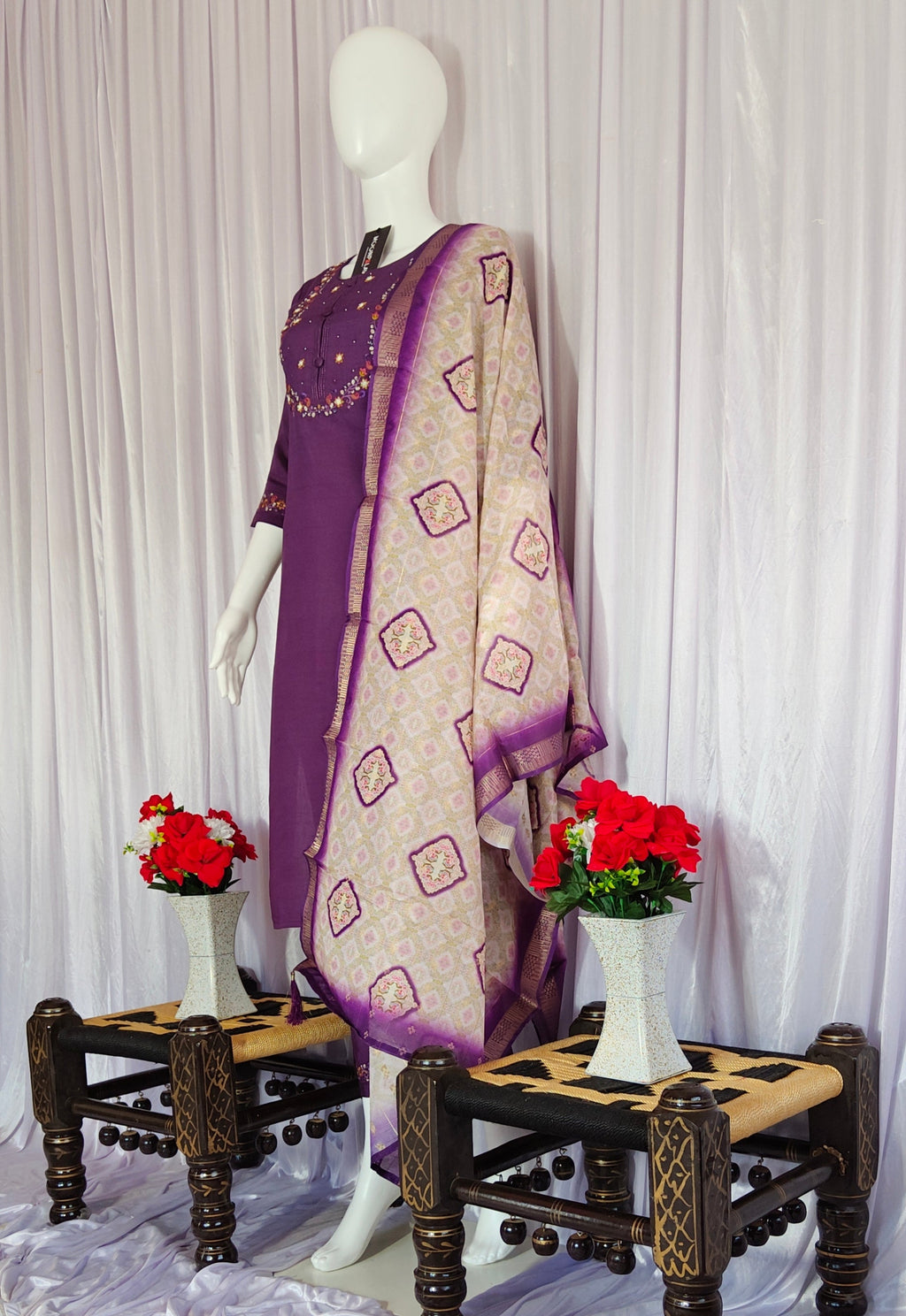Moonpalav Royal Wine Marina Silk Embroidered Suit with Digital Print Dupatta