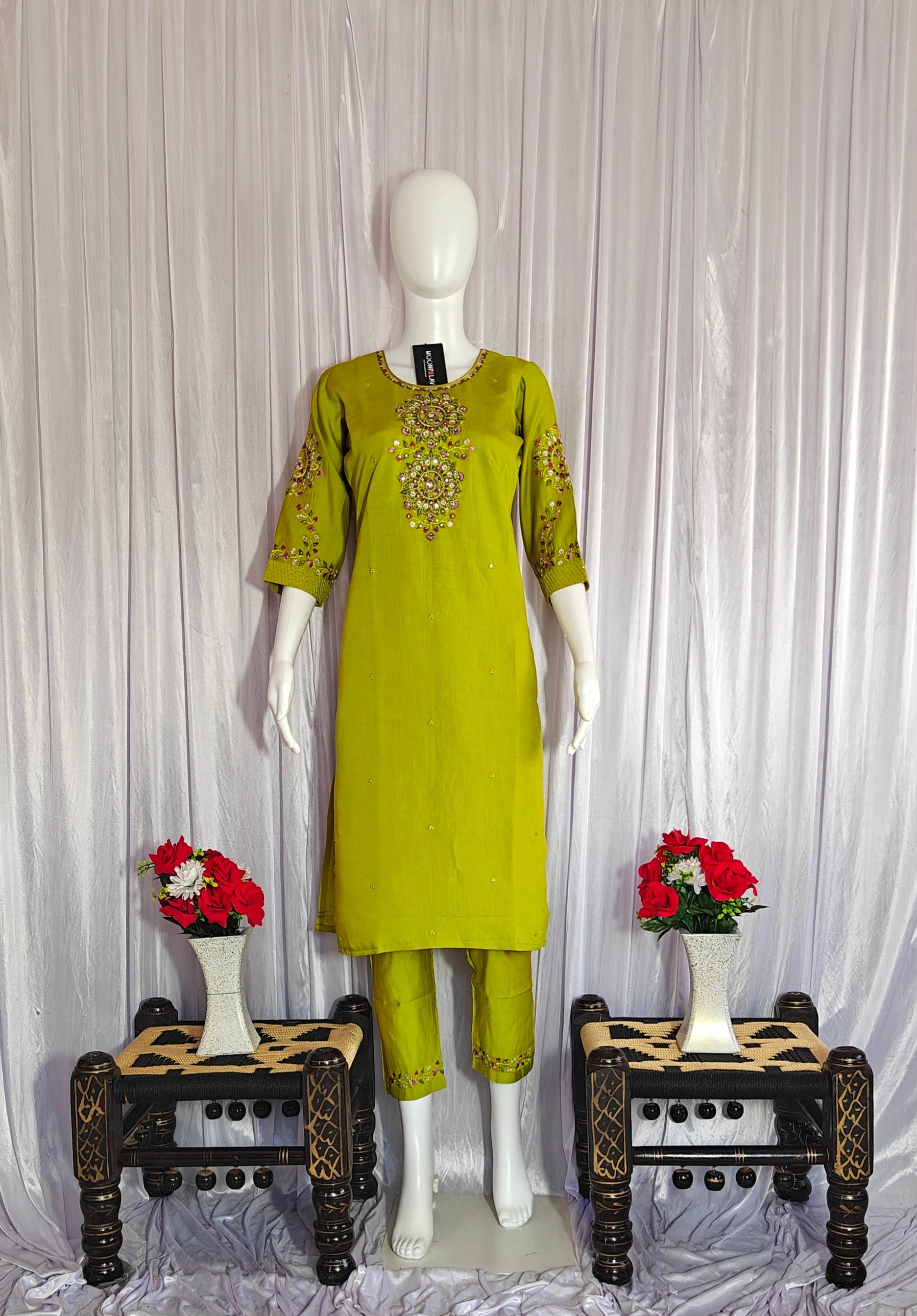 Moonpalav Lime Green Viscose Silk Luxury Suit with Digital Print Dupatta