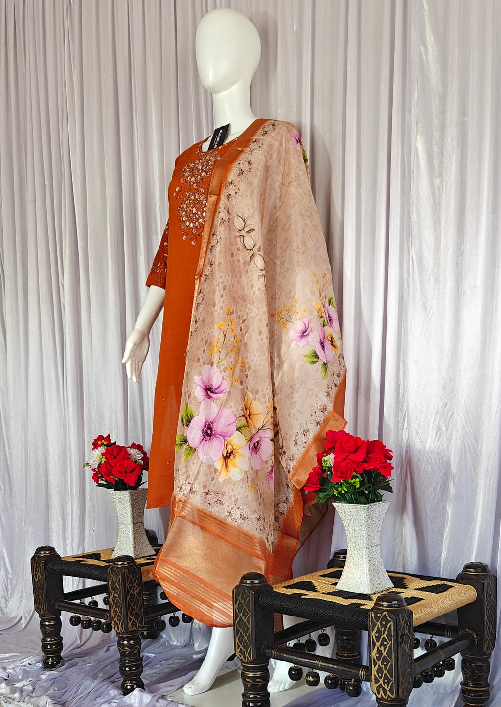 Moonpalav Rust Orange Viscose Silk Festive Suit with Digital Print Dupatta