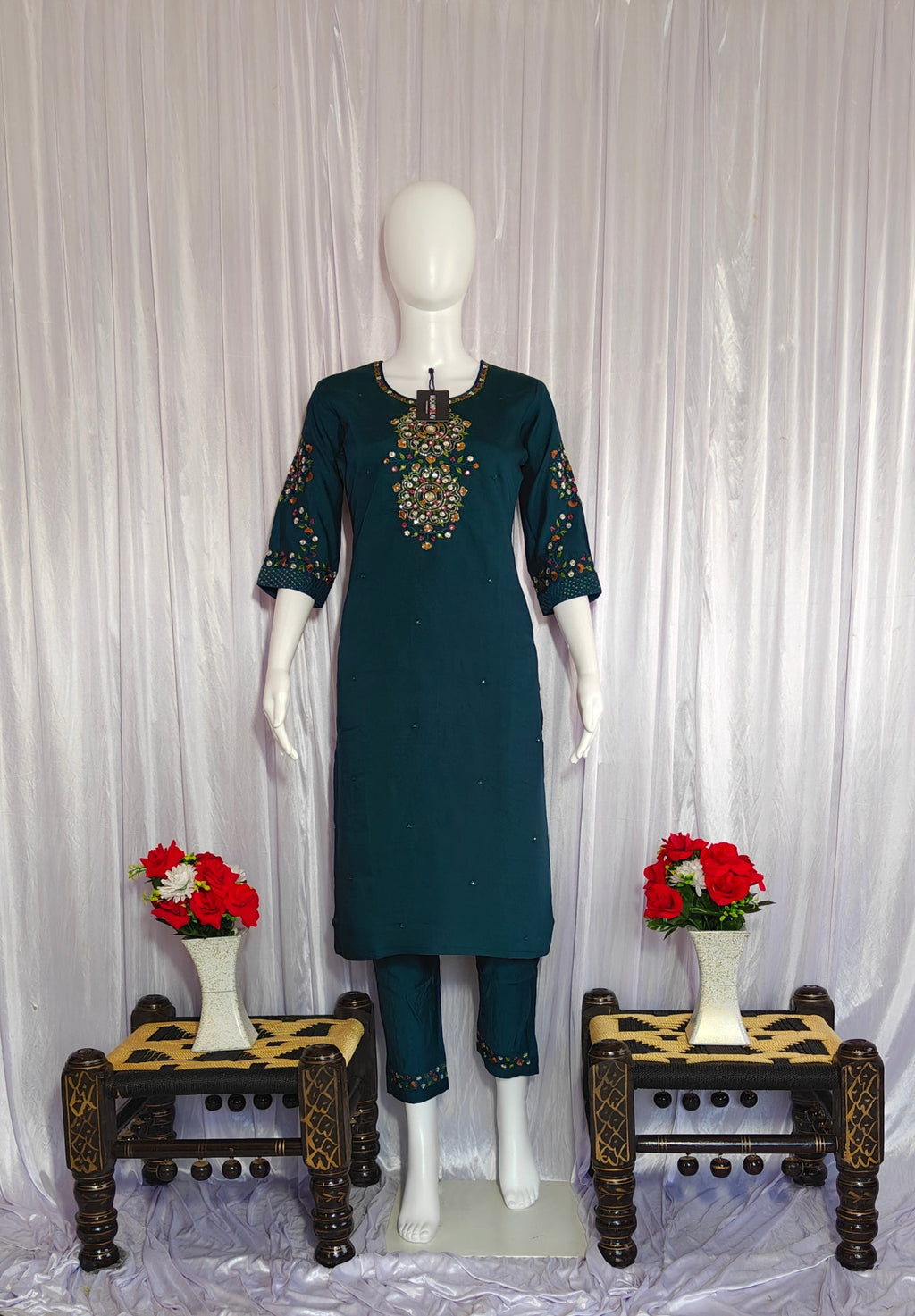 Moonpalav Bottle Green Viscose Silk Suit with Digital Print Chanderi Dupatta
