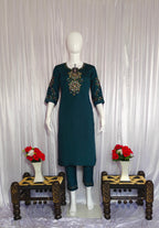 Moonpalav Bottle Green Viscose Silk Suit with Digital Print Chanderi Dupatta