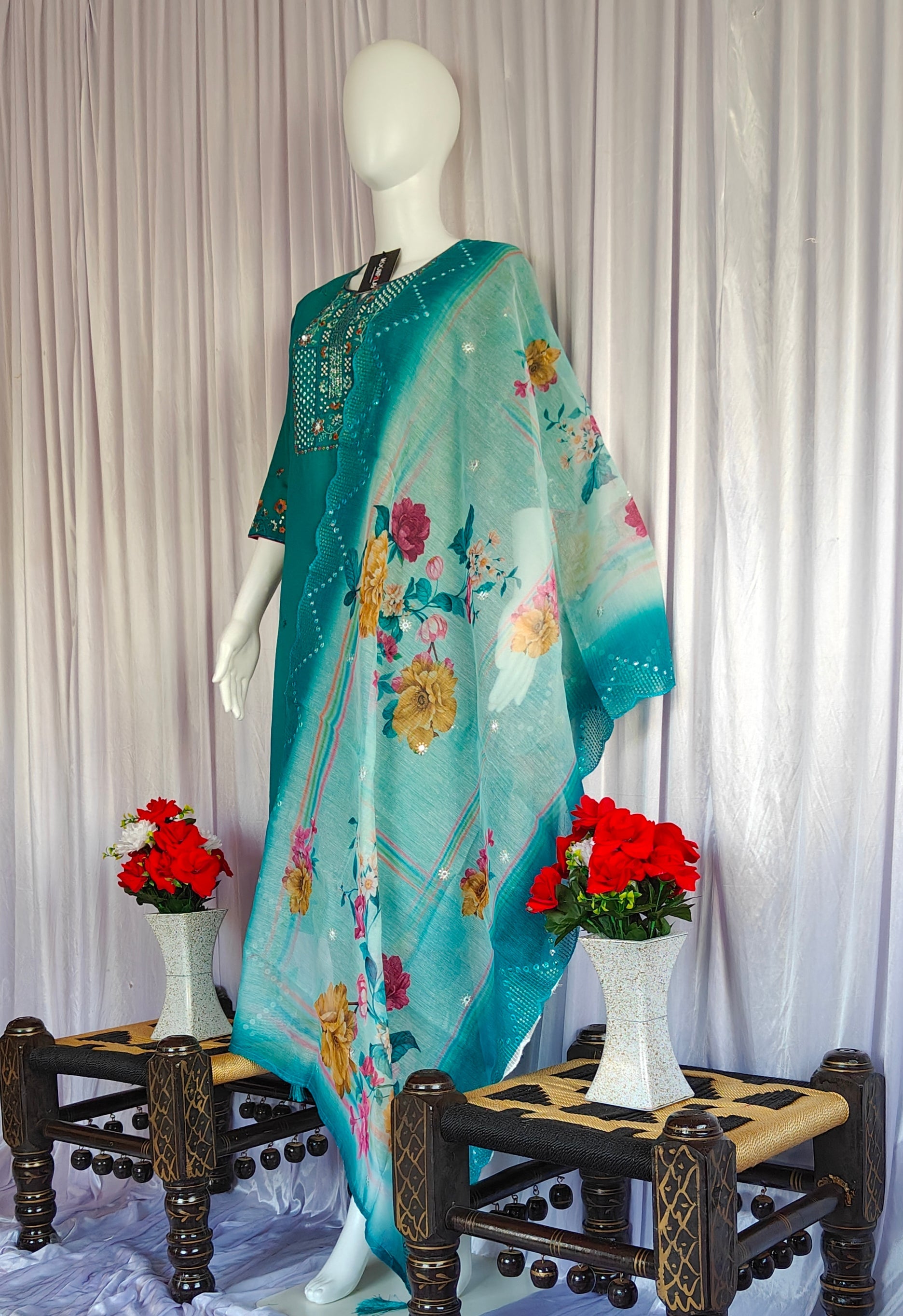 Moonpalav Emerald Teal Roman Silk Suit with Scalloped Chanderi Dupatta