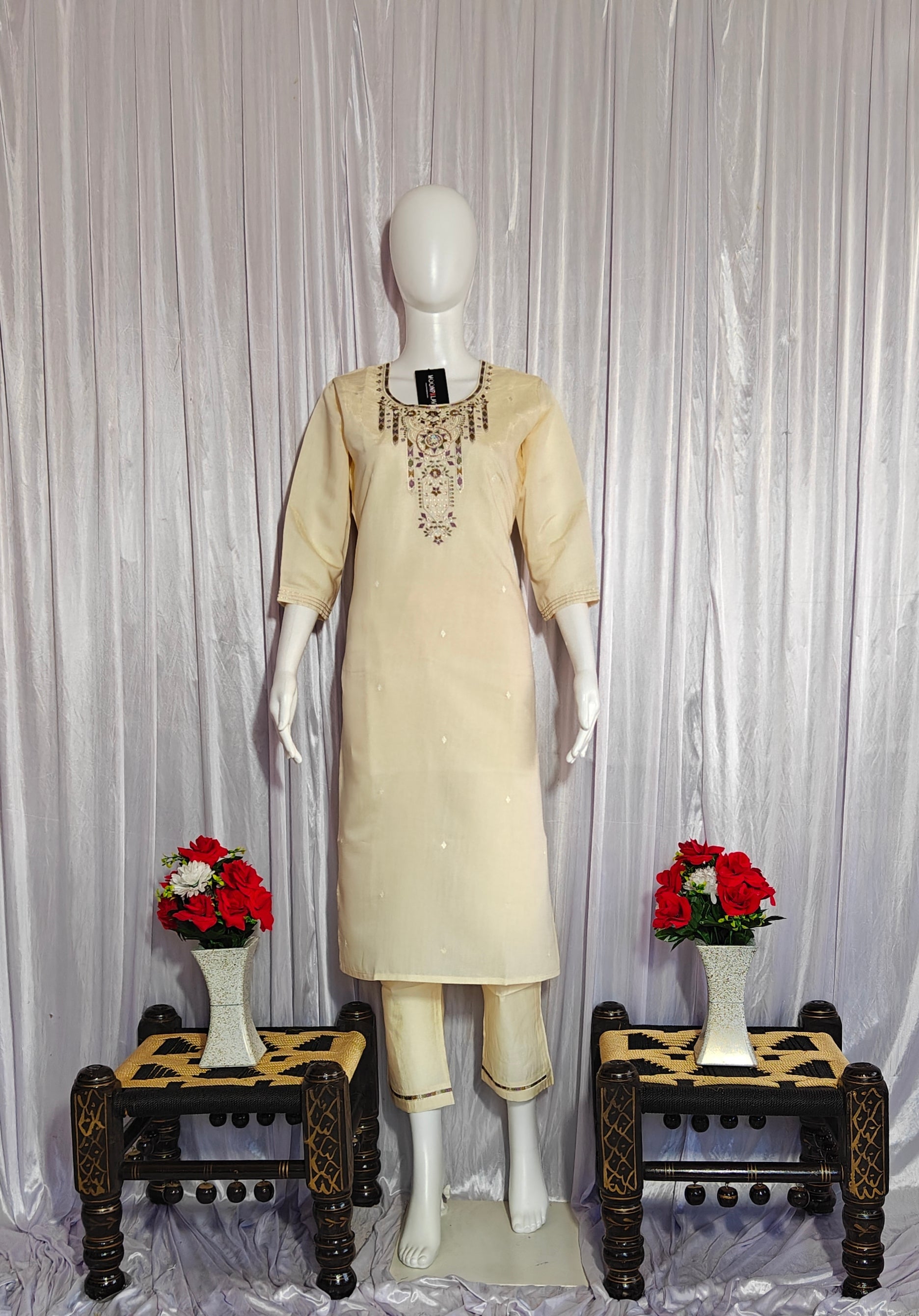 Moonpalav Pearl Cream Shimmer Gold Silk Embroidered Suit with Muslin Dupatta