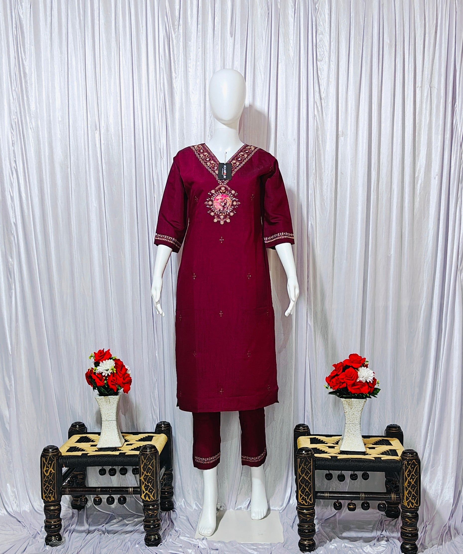 Moonpalav Deep Wine Embroidered Silk Kurta Set with Zari Border Dupatta