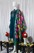 Moonpalav Teal Green Embroidered Silk Kurta Set with Zari Border Dupatta