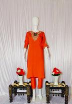 Moonpalav Vibrant Orange Roman Silk Sequinned Kurta Set with Jacquard Dupatta