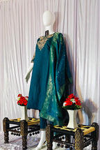 Moonpalav Bottle Green Roman Silk Sequinned Kurta Set with Jacquard Dupatta