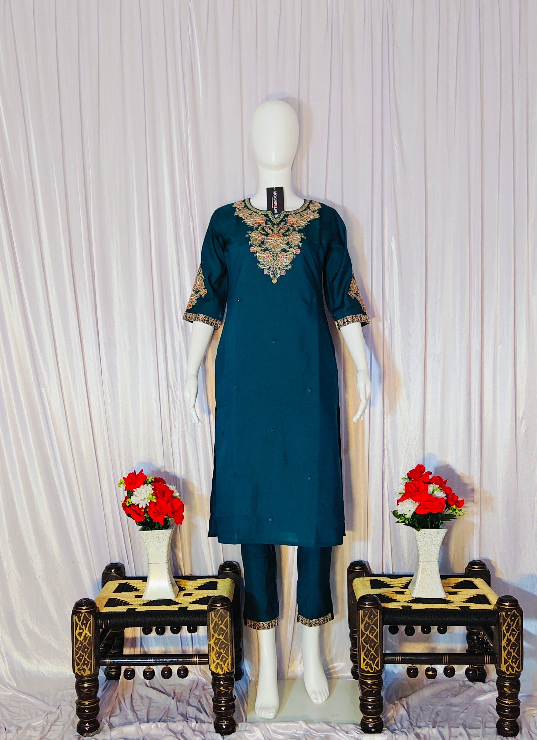 Moonpalav Bottle Green Roman Silk Sequinned Kurta Set with Jacquard Dupatta