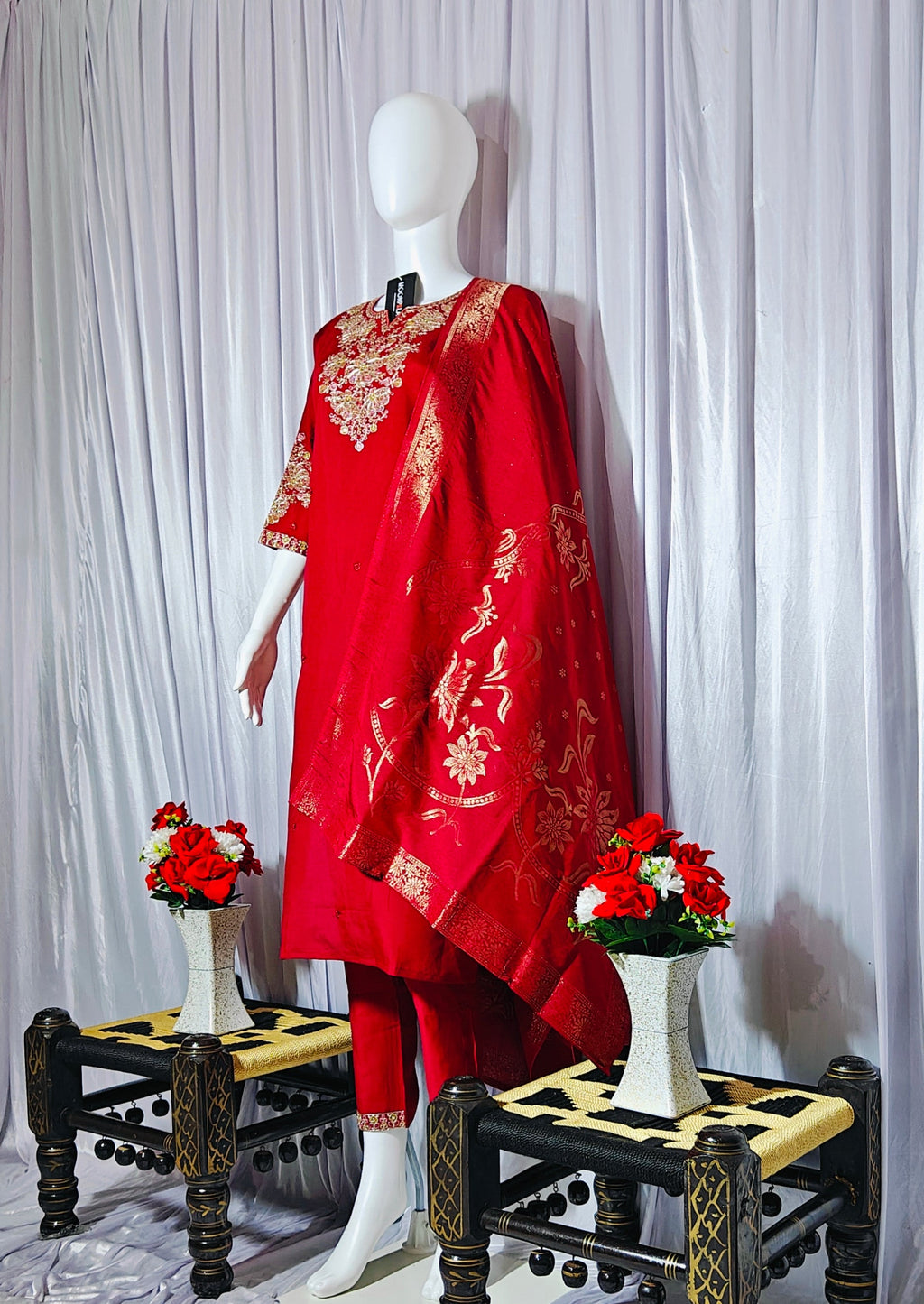 Moonpalav Majestic Maroon Roman Silk Sequinned Kurta Set with Jacquard Dupatta
