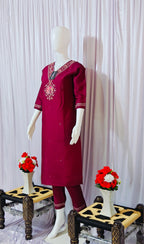 Moonpalav Deep Wine Embroidered Silk Kurta Set with Zari Border Dupatta