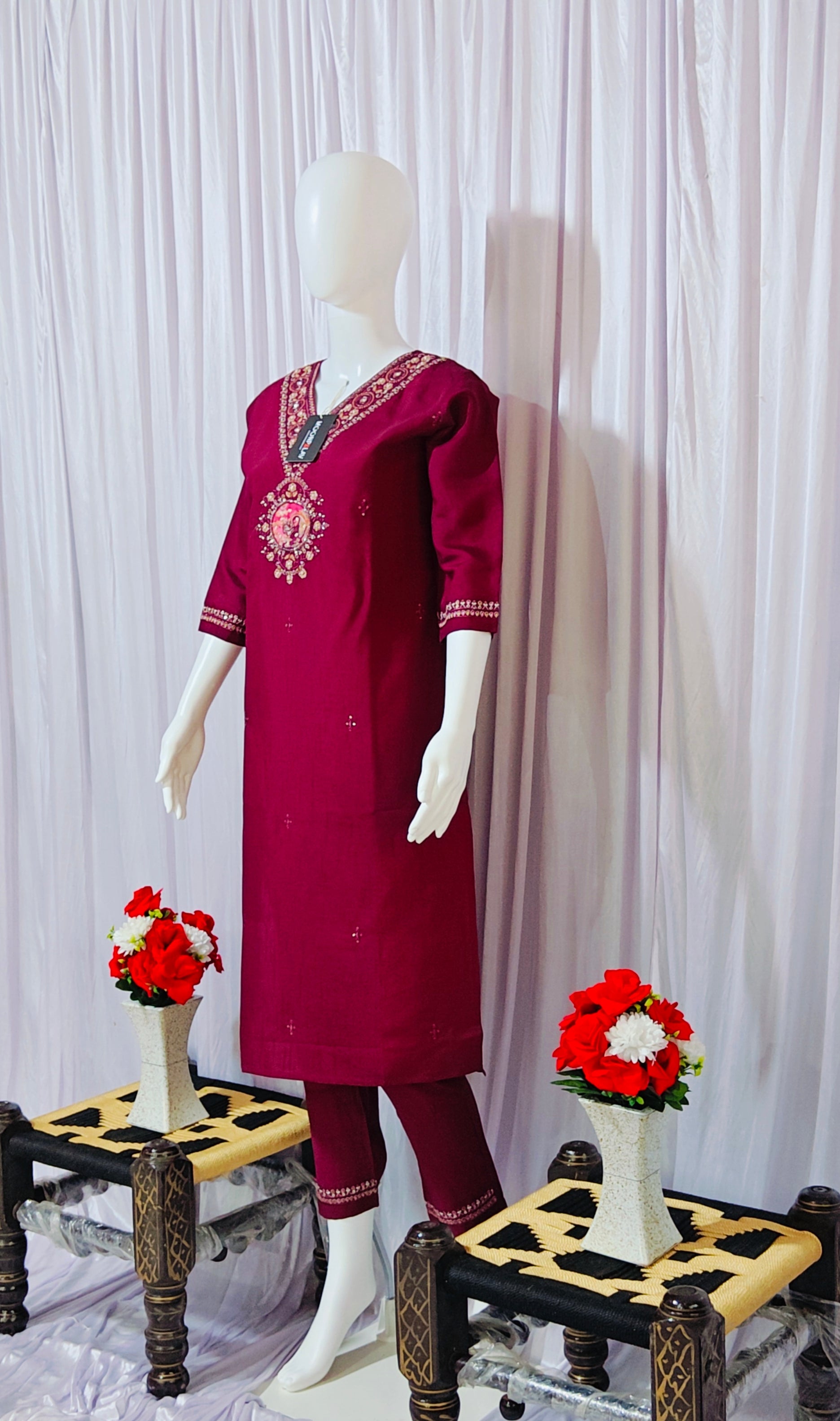 Moonpalav Deep Wine Embroidered Silk Kurta Set with Zari Border Dupatta