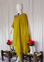 Moonpalav Mustard Yellow Roman Silk Hand-Embroidered Suit with Dupatta