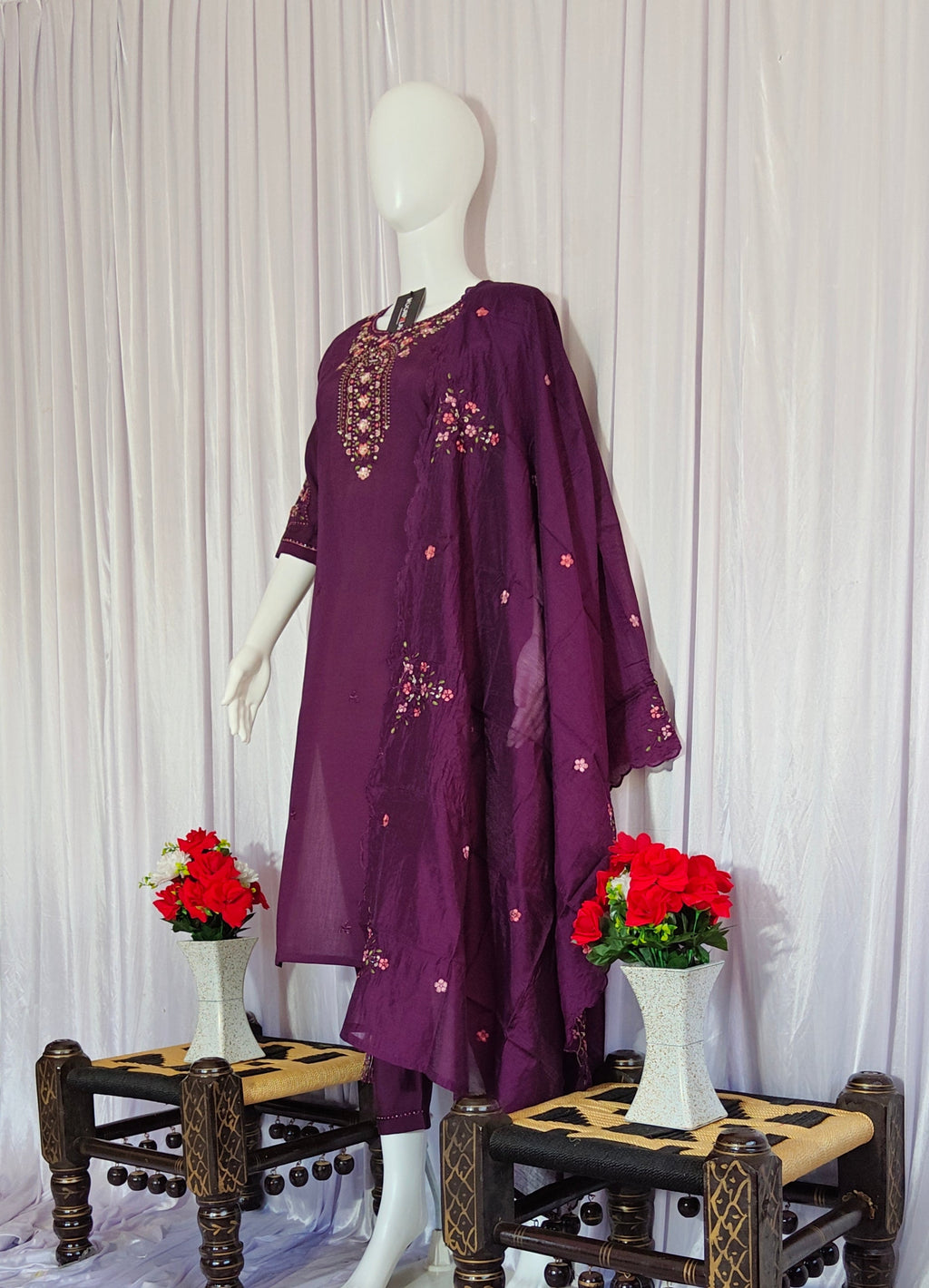 Moonpalav Royal Wine Roman Silk Multi-Thread Embroidery Suit Set with Dupatta
