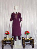 Moonpalav Royal Wine Roman Silk Multi-Thread Embroidery Suit Set with Dupatta