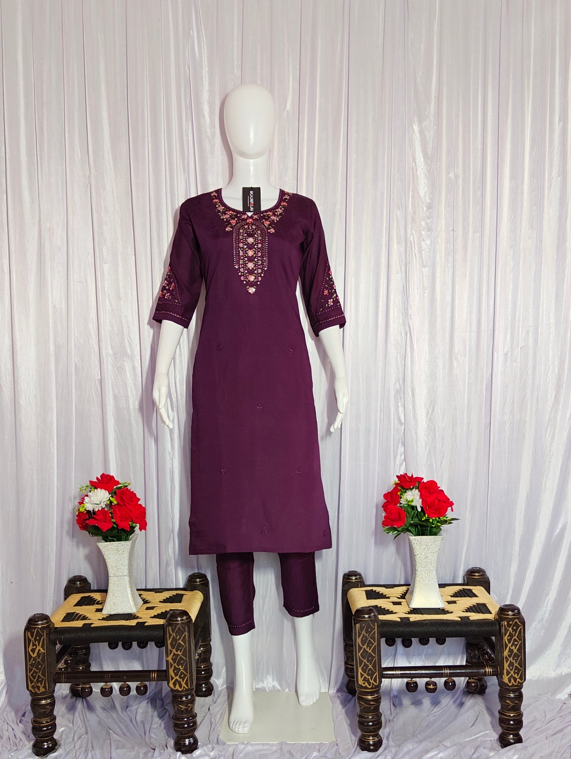 Moonpalav Royal Wine Roman Silk Multi-Thread Embroidery Suit Set with Dupatta