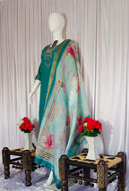 Moonpalav Emerald Teal Shimmer Gold Silk Hand-Embroidered Suit with Dupatta