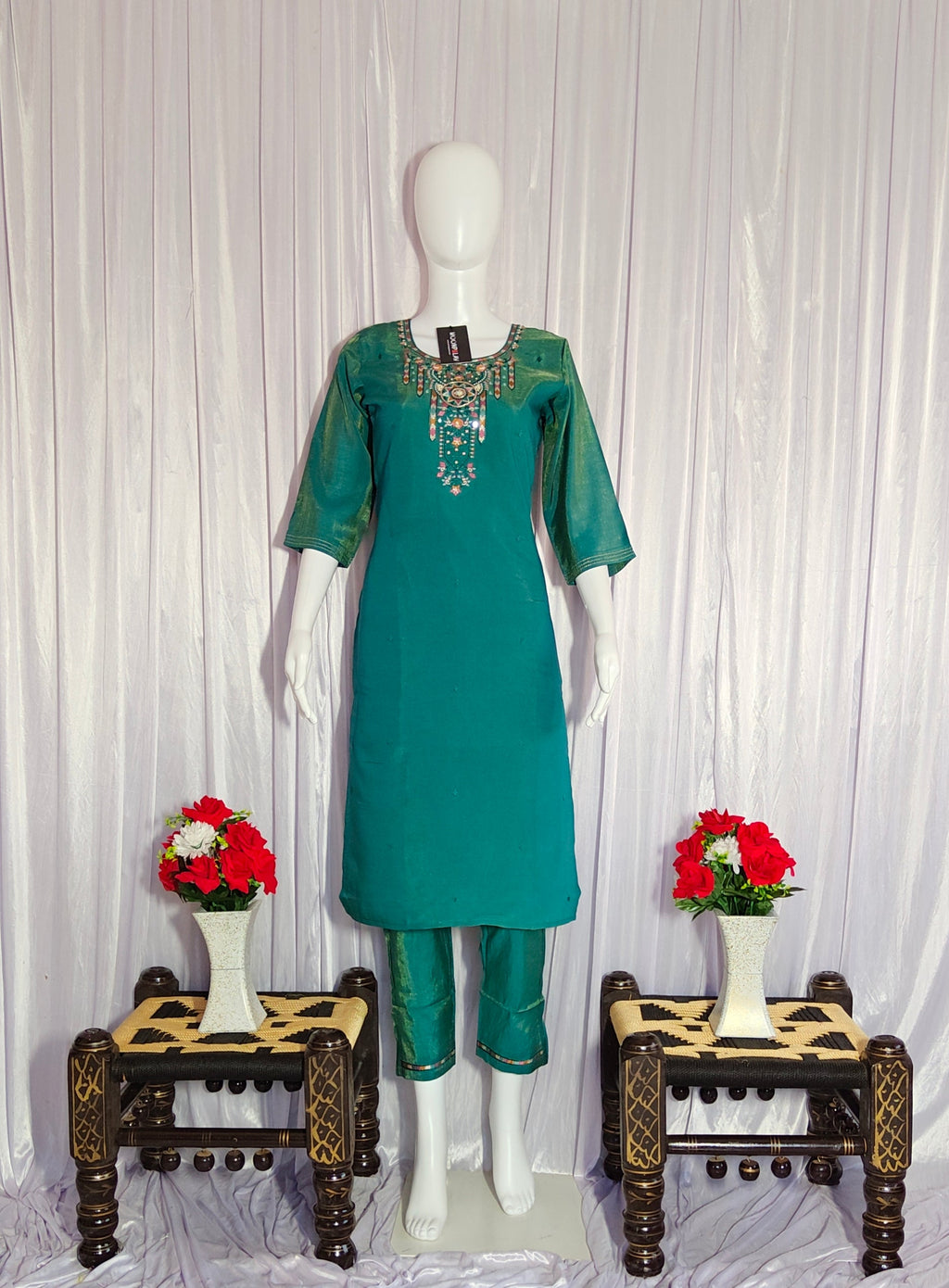 Moonpalav Emerald Teal Shimmer Gold Silk Hand-Embroidered Suit with Dupatta