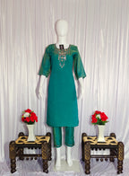 Moonpalav Emerald Teal Shimmer Gold Silk Hand-Embroidered Suit with Dupatta