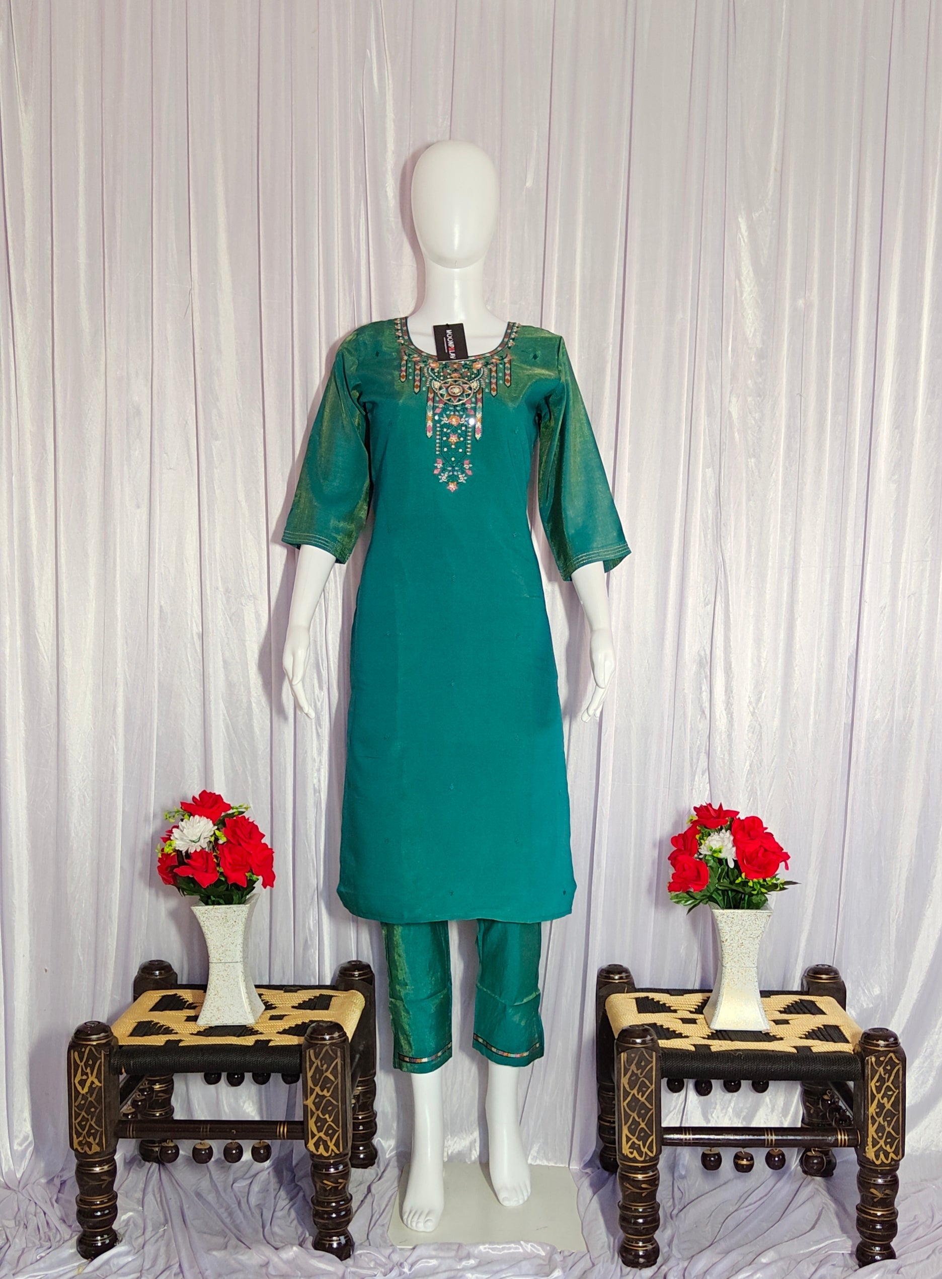 Moonpalav Emerald Teal Shimmer Gold Silk Hand-Embroidered Suit with Dupatta