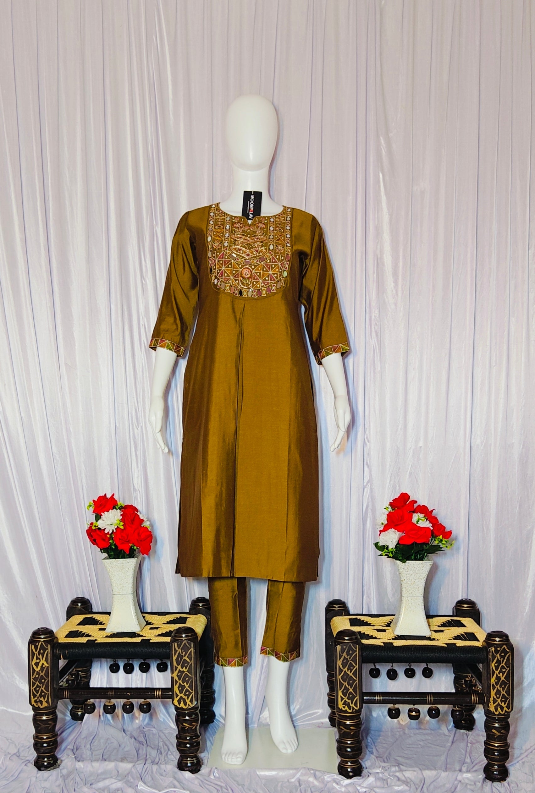 Moonpalav Mustard Gold Mango Silk Real Mirror Work Designer Kurti Set With Duppata