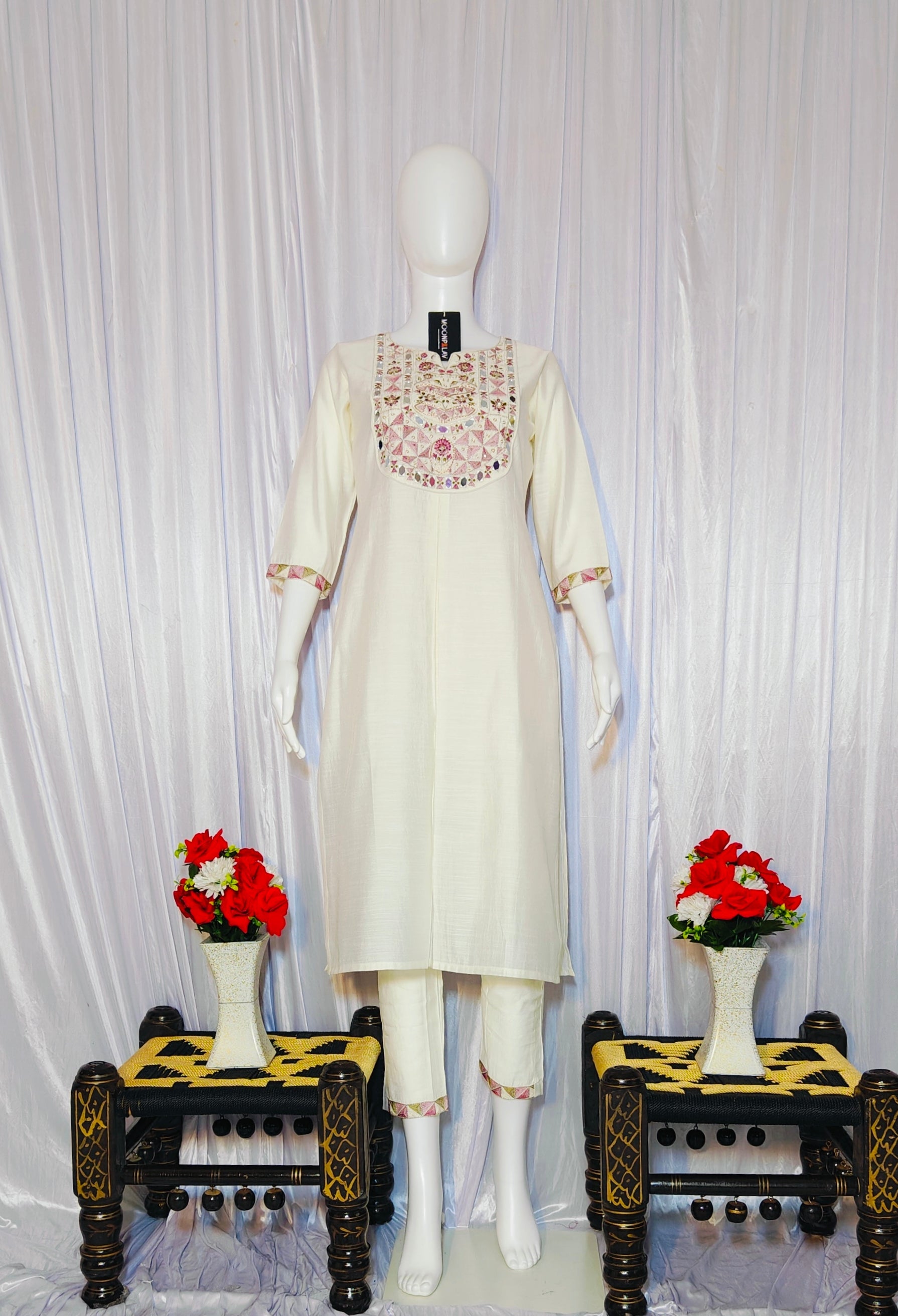 Moonpalav Pearl White Hand-Embroidered Mango Silk Suit with Scalloped Dupatta
