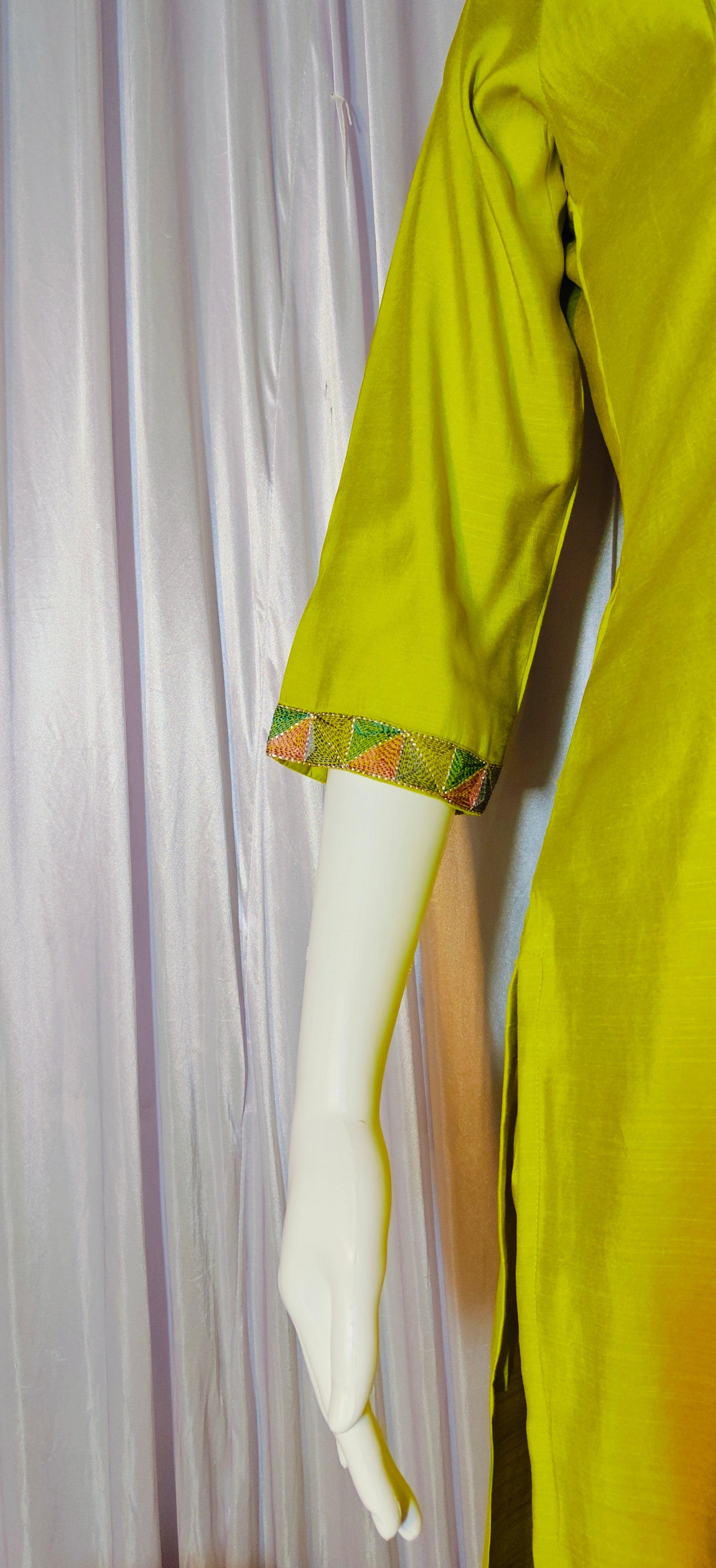 Moonpalav Lime Green Embroidered Silk Kurti Set – Festive Wear 3-Piece