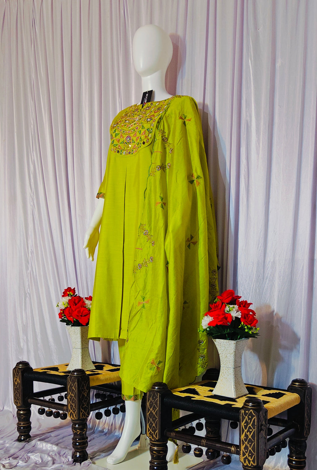 Moonpalav Lime Green Embroidered Silk Kurti Set – Festive Wear 3-Piece