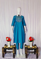 Moonpalav Teal Blue Mango Silk Mirror Work Kurti Set with Chanderi Dupatta