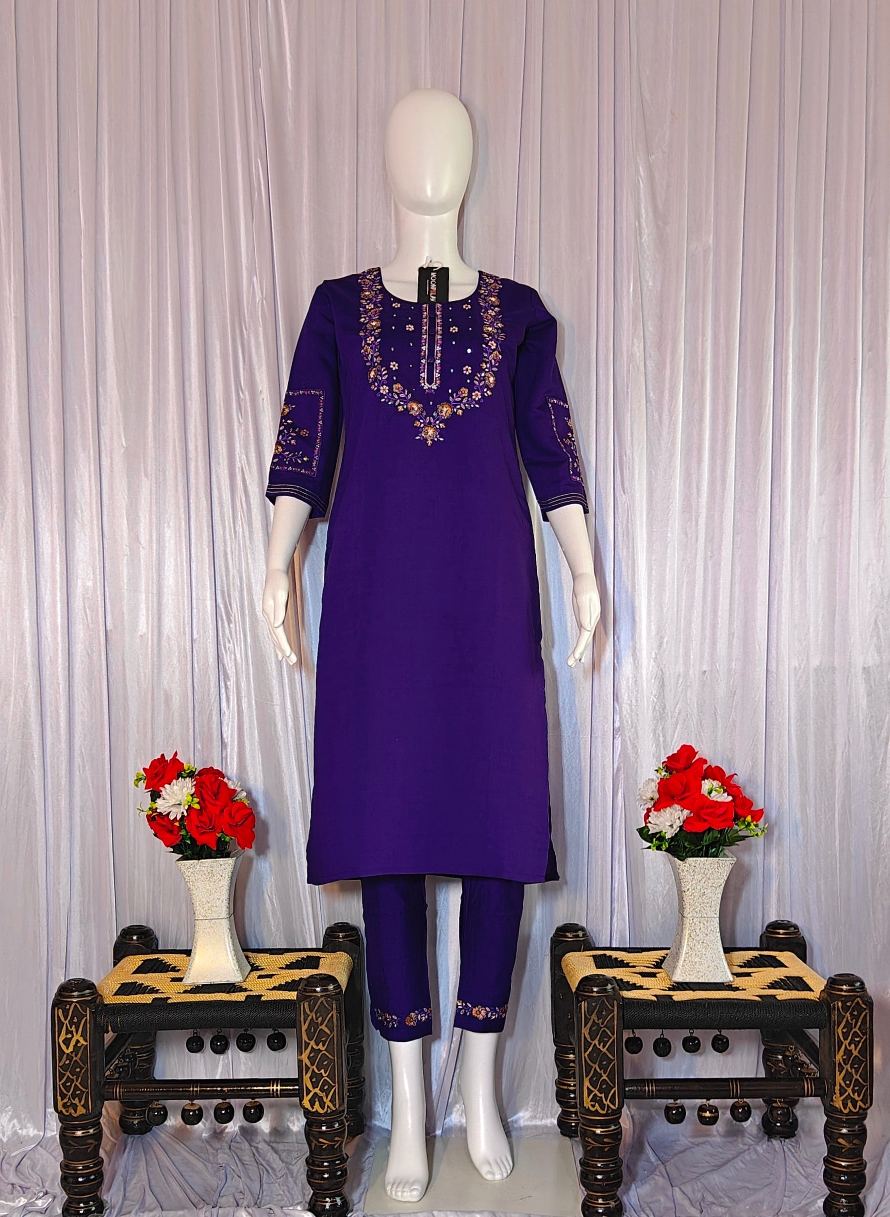 Purple Marina Silk Hand Embroidered Kurti Set with Maslin Dupatta