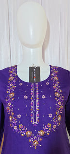 Purple Marina Silk Hand Embroidered Kurti Set with Maslin Dupatta