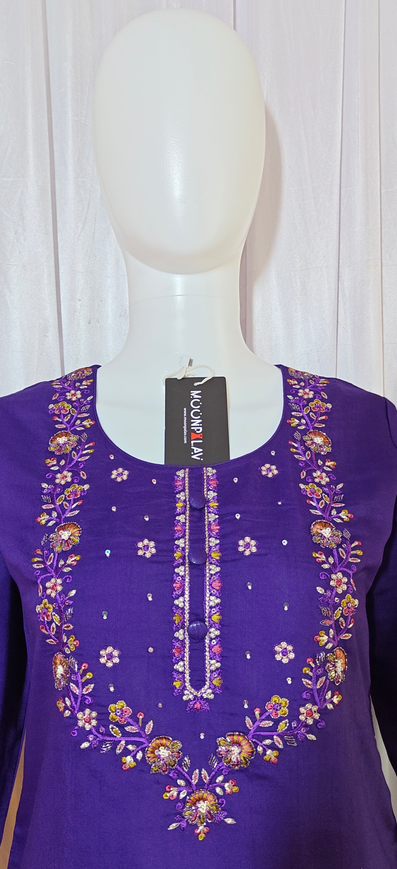 Purple Marina Silk Hand Embroidered Kurti Set with Maslin Dupatta